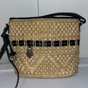 Brighton Woven Straw & Leather Trim Crossbody Purse Bucket Bag w Charms & Heart